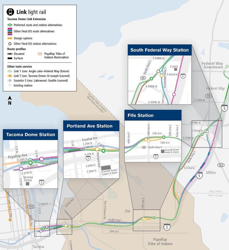 A map of identified station locations and alignments of the Tacoma Dome Link Extension, including the area of lands of the Puyallup Tribe of Indians